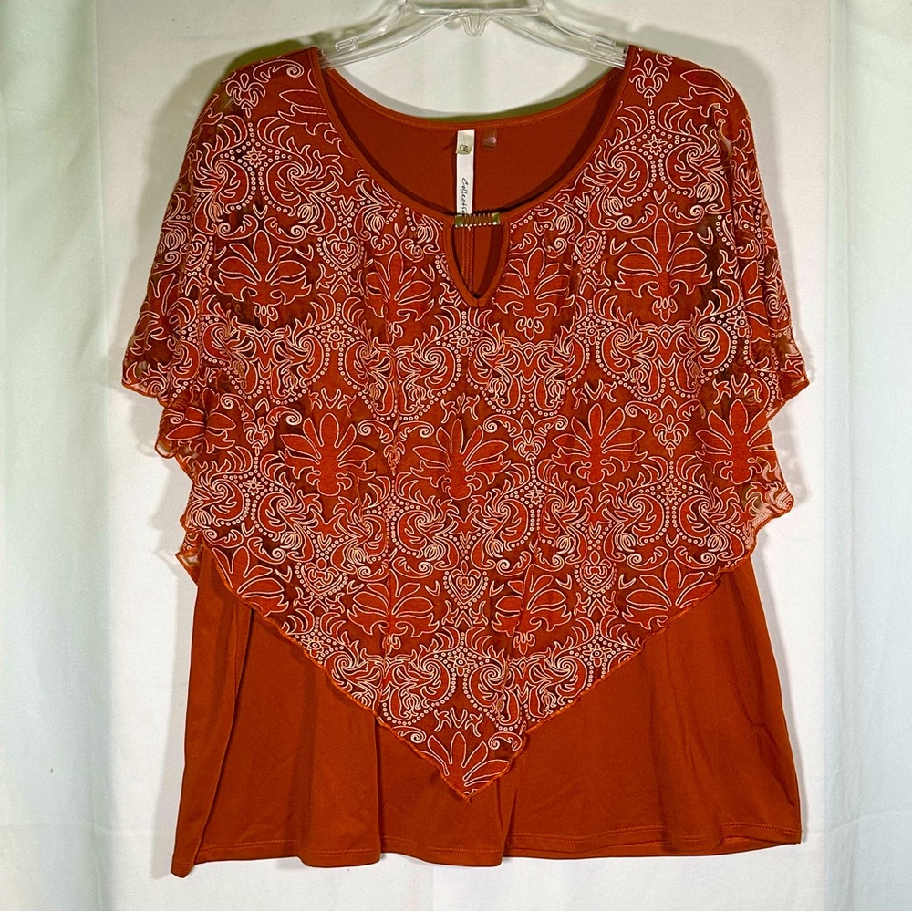 NY Collection Sienna Layered‎ Lace Scarf Metal Accent Blouse Women's Large